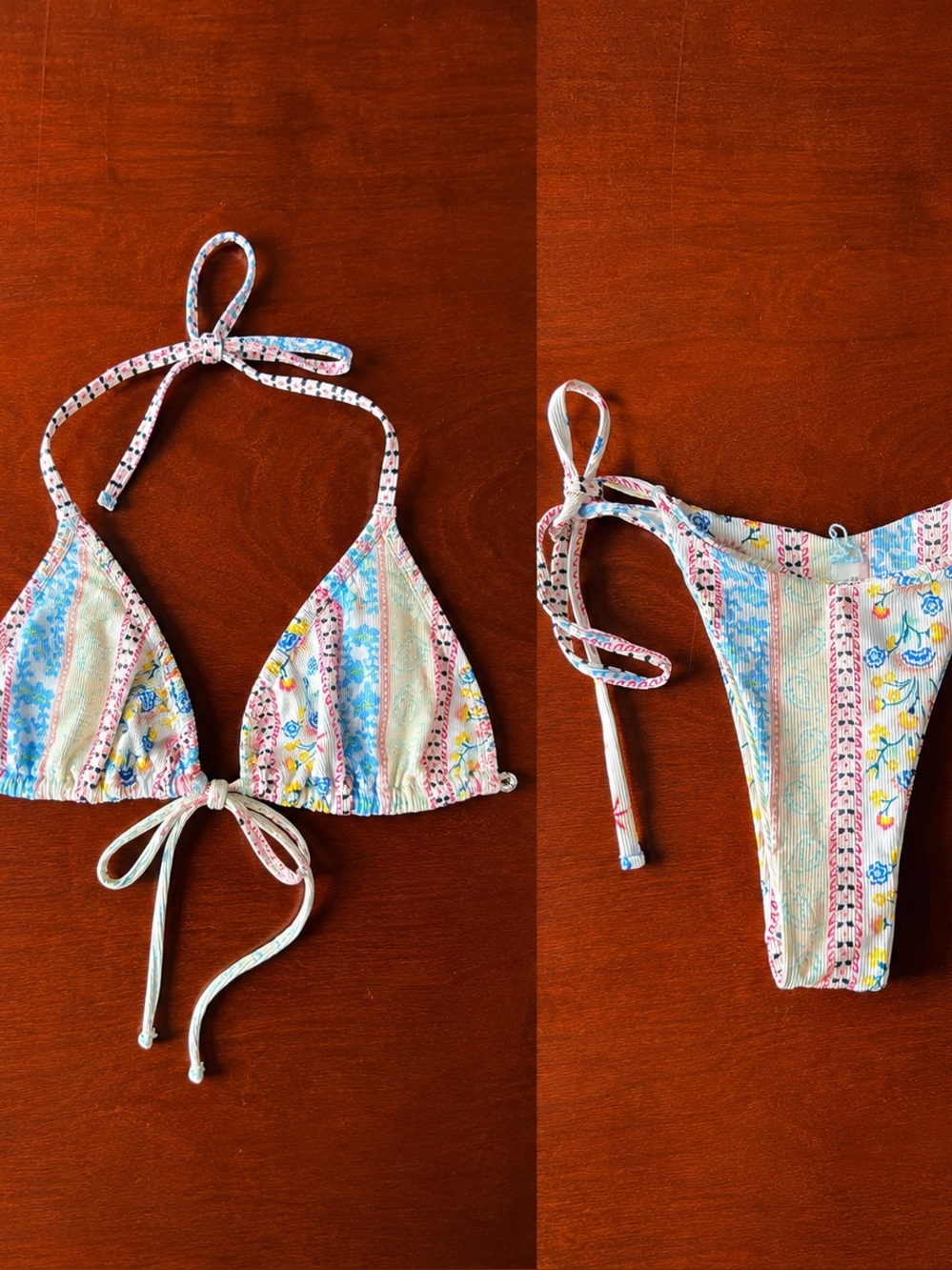 Floral Stripe Tie-Side Bikini Bottom - Blue/White